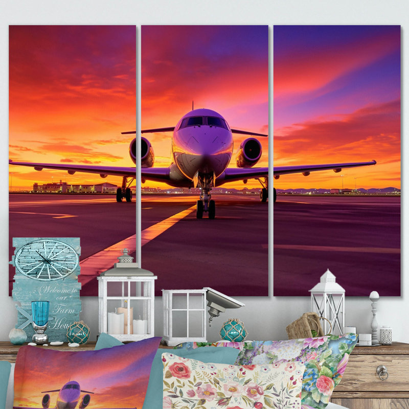 Avion au coucher du soleil I sur toile, reproduction de 3 pièces, H 28 po x l 36 po x P 1 po