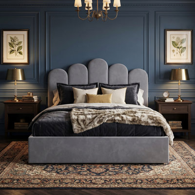 Velvet Palm-shaped Headboard Full Bed Frame with Lift Up Storage, No Box Spring Needed, Gray