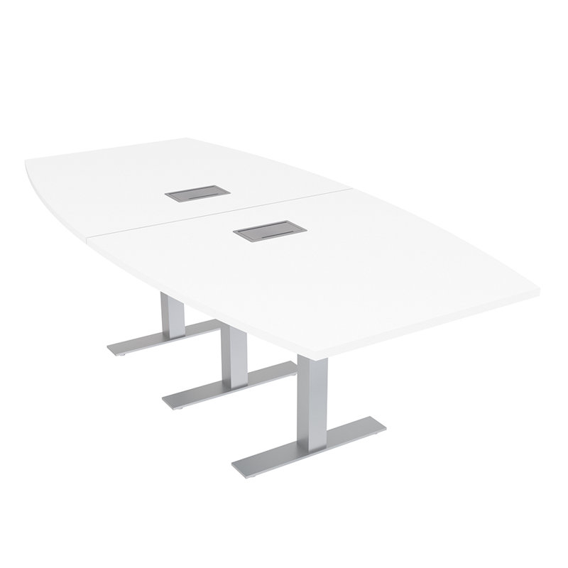 Boat Shaped Conference Table with Metal T Base | Electrical Unit, 96" L x 48" W, Silver, Classic White