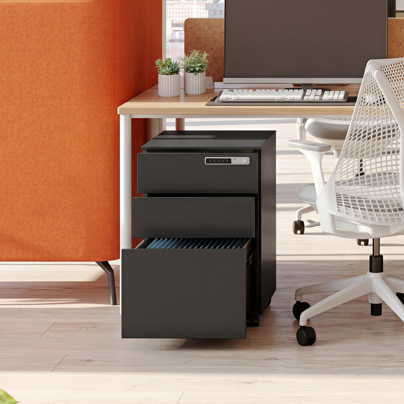 Markiese 14.6"W 3 Drawer Metal File Cabinet with Combination Lock, Mobile Under Desk Filing Cabinet for Home Office, Letter & Legal Size, Black File Cabinet