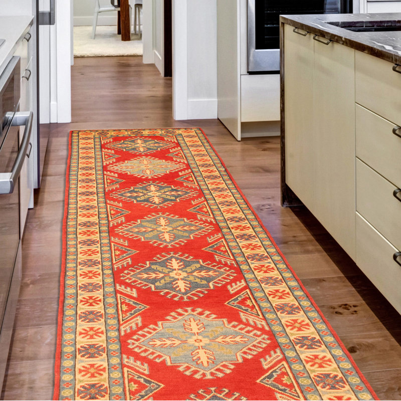 Tapis de couloir rouge en laine noué à la main de conception unique 2 pi 9 po x 10 pi 2 po Franci