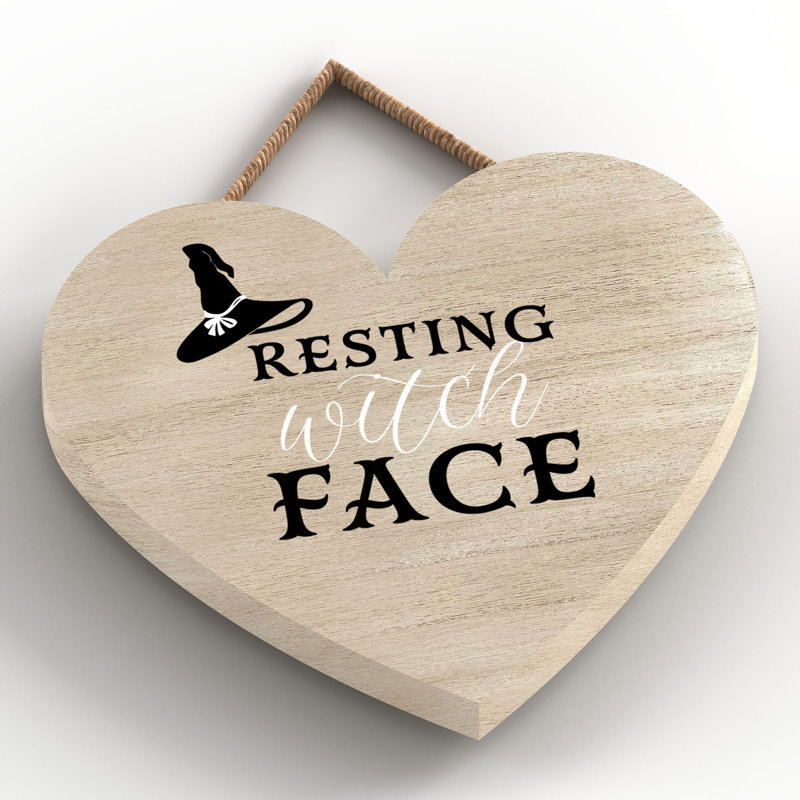 Resting Witch Face Wooden Heart Plaque