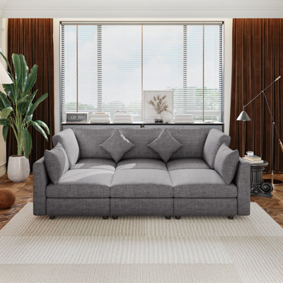 Canapé modulaire avec repose-pieds mobile, ports USB intégrés, coussins en chenille confortables et coussins amovibles - Canapé-lit personnalisable en forme de U, en L ou de canapé-lit pour le salon