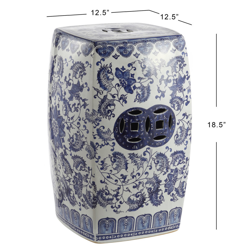 Floral Vine 18.5" Traditional Blue and White Floral Chinoiserie Ceramic Drum Garden Stool, Pierced Indoor/Outdoor Patio Seat & Side Table