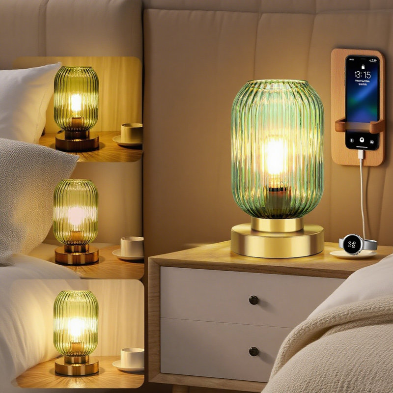 Touch Control Table Lamp With Dimmable 3-Way Lighting, Mid Century Modern Design, Green Glass Shade And Gold Base For Bedroom Living Room Office