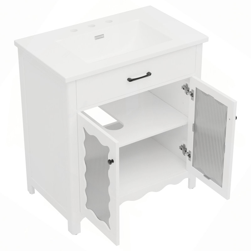 Meuble-lavabo de 30 po avec verre trempé, armoire de salle de bain moderne avec pieds en bois d'hévéa et portes à fermeture en douceur