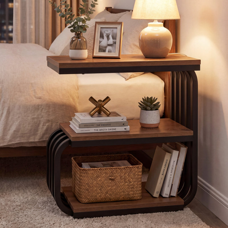 Table de chevet à 3 niveaux avec rangement, table de chevet en C de 25,59 po pour la chambre à coucher, Brun, Individuel