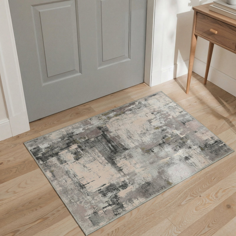 Ethereal Abstract Machine Washable Grey / Black / Beige Indoor Area Rug with Non-Slip Backing, Rectangle 6' x 9'