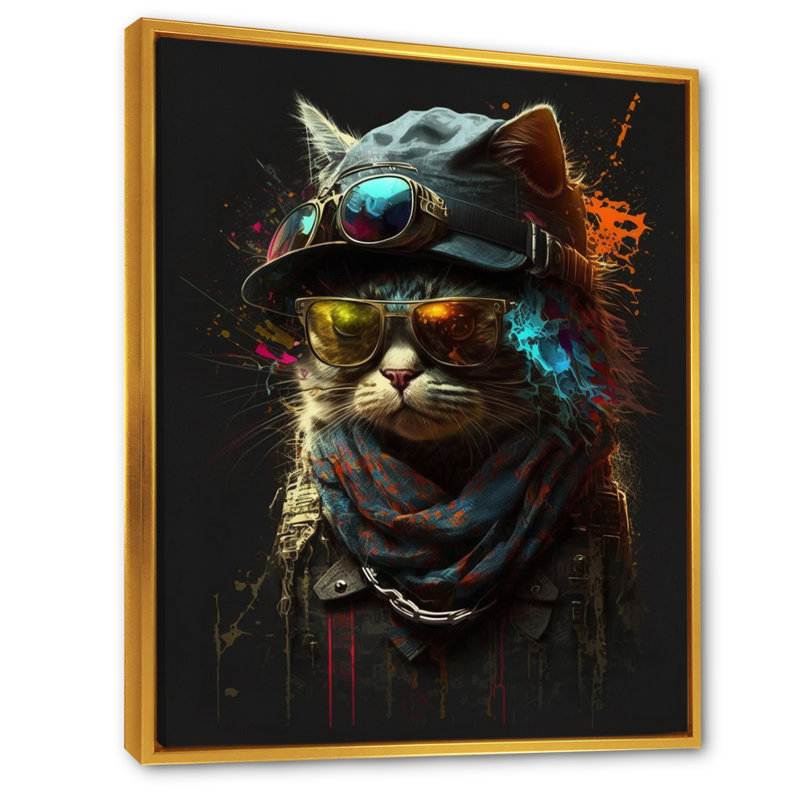 Art mural sur toile Cool Cat avec lunettes de soleil et chapeau IV, H 32 po x l 24 po x P 1 po, Toile avec cadre flottant or