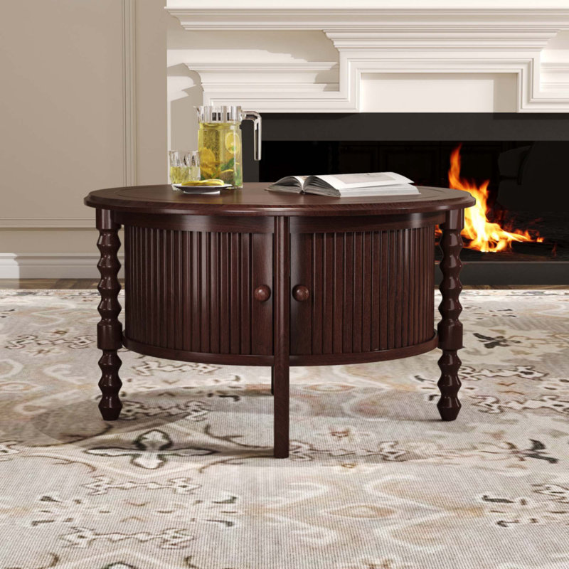 Table basse ronde vintage avec rangement, Noyer