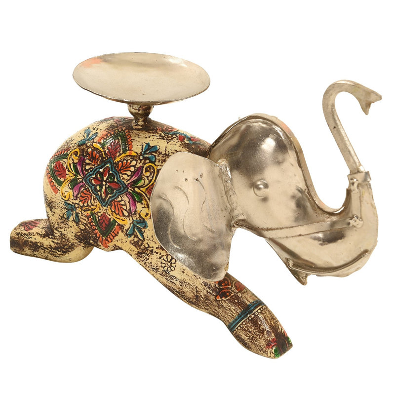 Boho Handcrafted Wood and Metal Elephant Candle Holder for Tabletop Decor