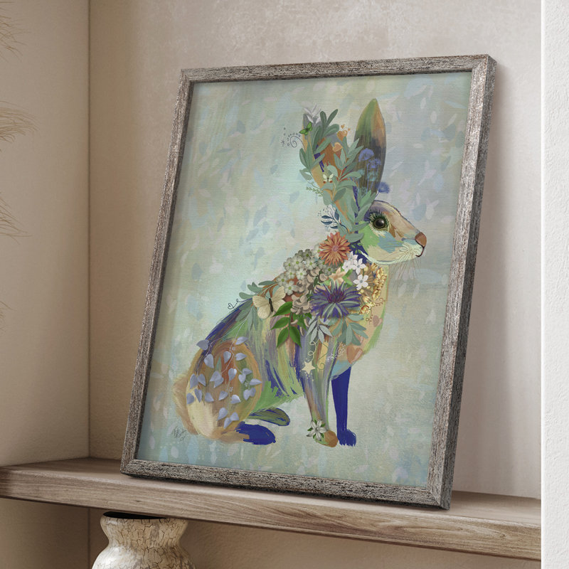 Fantastic Florals Hare, Sitting Framed Print - Solid Wood, 11" H x 9" W