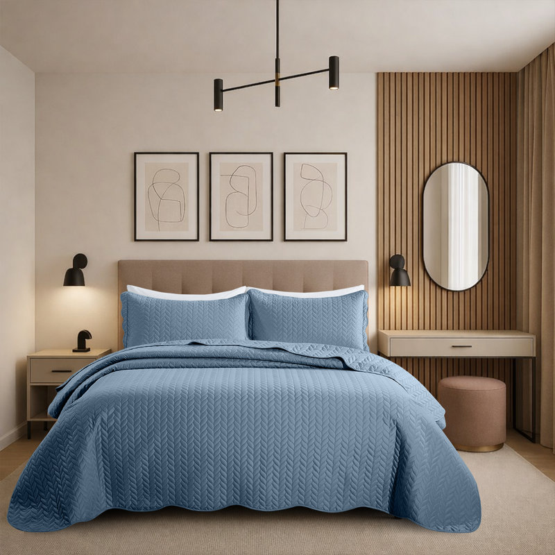Modern Embossed Microfiber Twin Quilt Set, Washed Blue