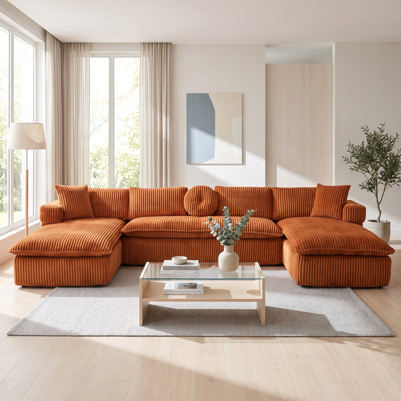 Canapé modulaire surdimensionné en velours côtelé avec poches latérales et coussins Jetta, Orange