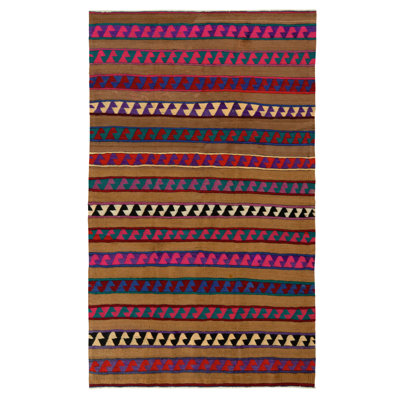 Rug & Kilim Vintage Turkish Kilim Rug In Brown, Rare Pink And Blue Stripe Pattern In Blue;brown;pink
