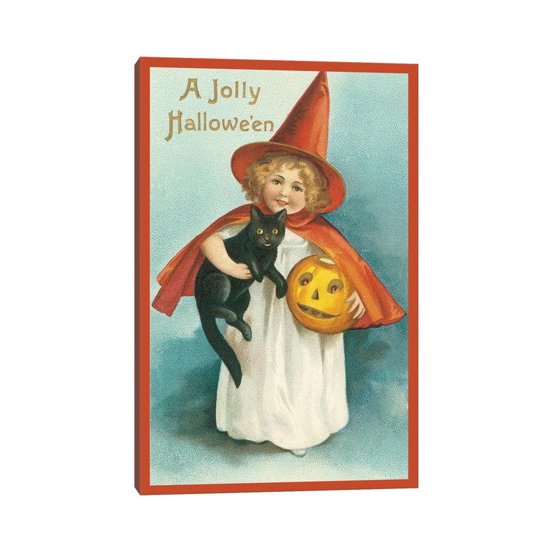 «A Jolly Halloween Girl & Cat», reproduction d'art sur toile tendue