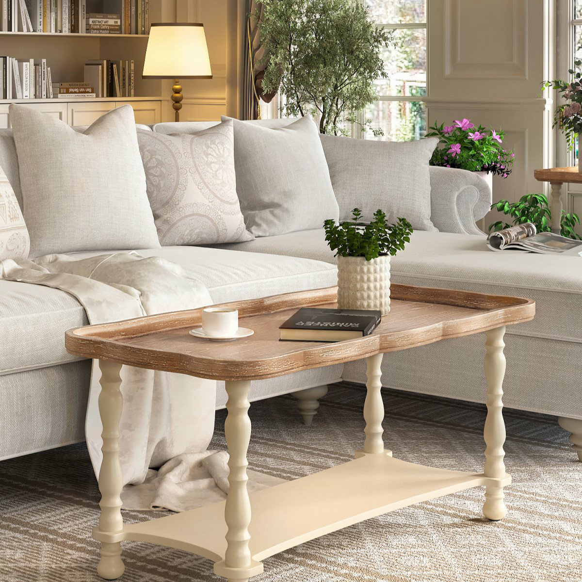 Charlton Home Deio French Farmhouse Coffee Table Natural Tray Top Sofa