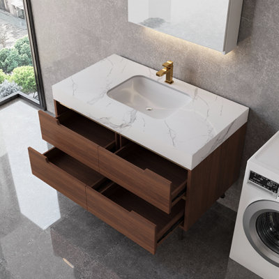 Meuble-lavabo de ferme 35,4 po avec pierre frittée, lavabo sous-comptoir et 4 tiroirs - noyer / blanc autoportant ou mural