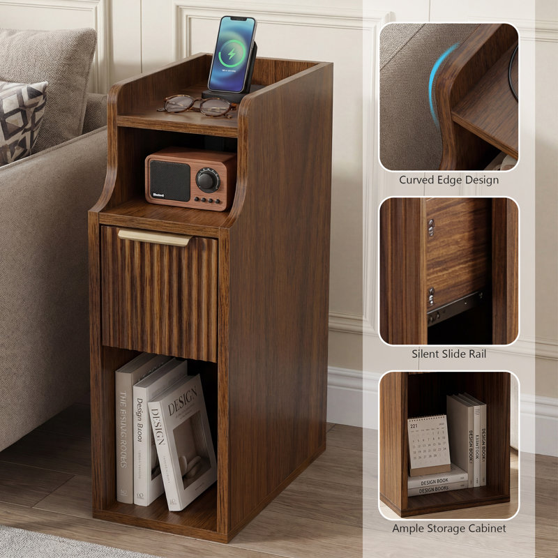 Space-Saving Narrow Nightstand with Charging Station