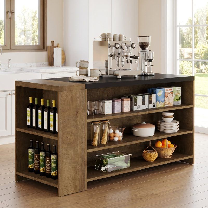 Table pour îlot de cuisine 55 po à 5 niveaux avec tablettes de rangement, Brun clair