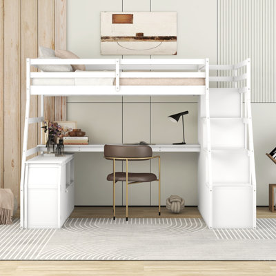 Lit mezzanine simple avec 7 tiroirs, 2 tablettes et bureau - Blanc - 94,7 po x 56,8 po x 68,3 po - Contreplaqué - Lit mezzanine - blanc - avec barrière de sécurité et avec tablettes