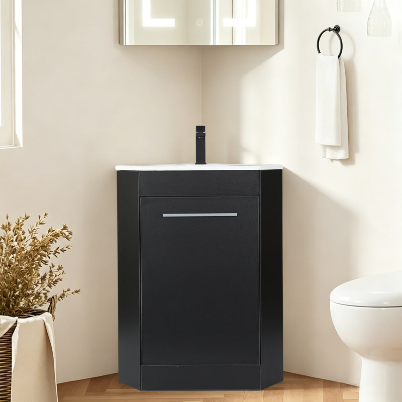 18" Modern Matte Black Mini Corner Freestanding Bathroom Vanity with Integrated Ceramic Sink