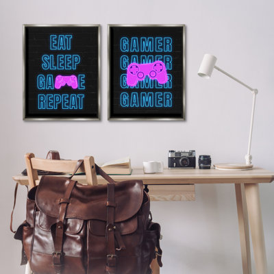 Neon Gamer Eat Sleep  2 PC Framed Floater Canvas Set by Nina Blue