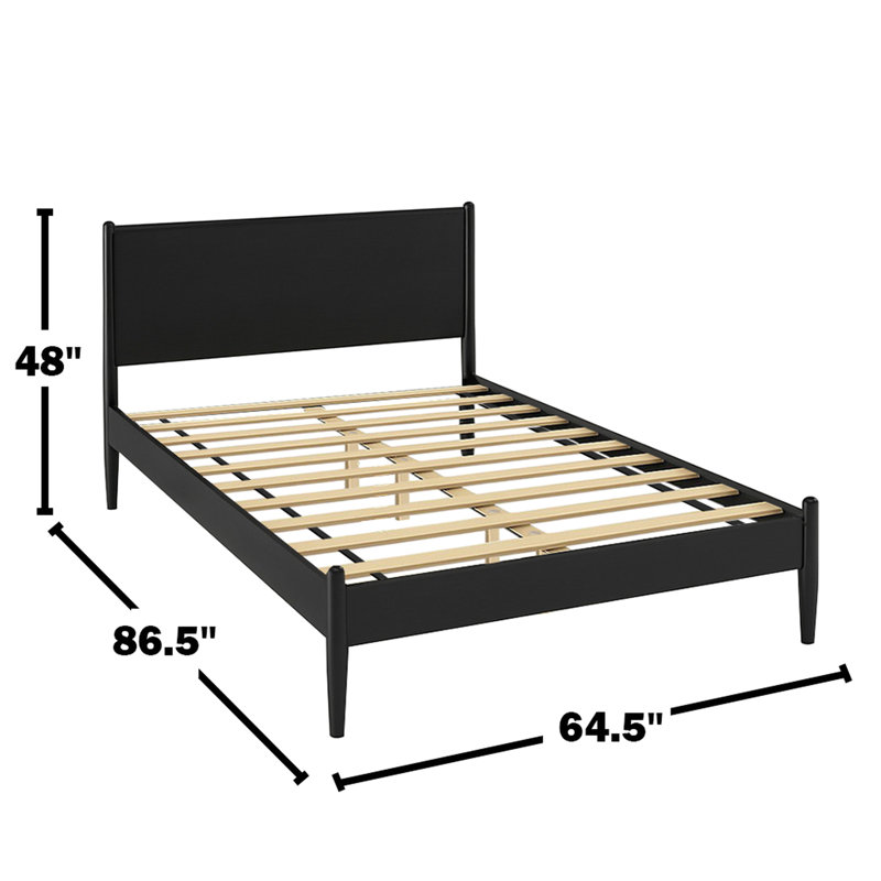 Grand lit plateforme Mid-Century moderne à finition noire avec pieds ronds fuselés, conception et ensemble de lattes, aucun sommier nécessaire en bois, ensemble inclus