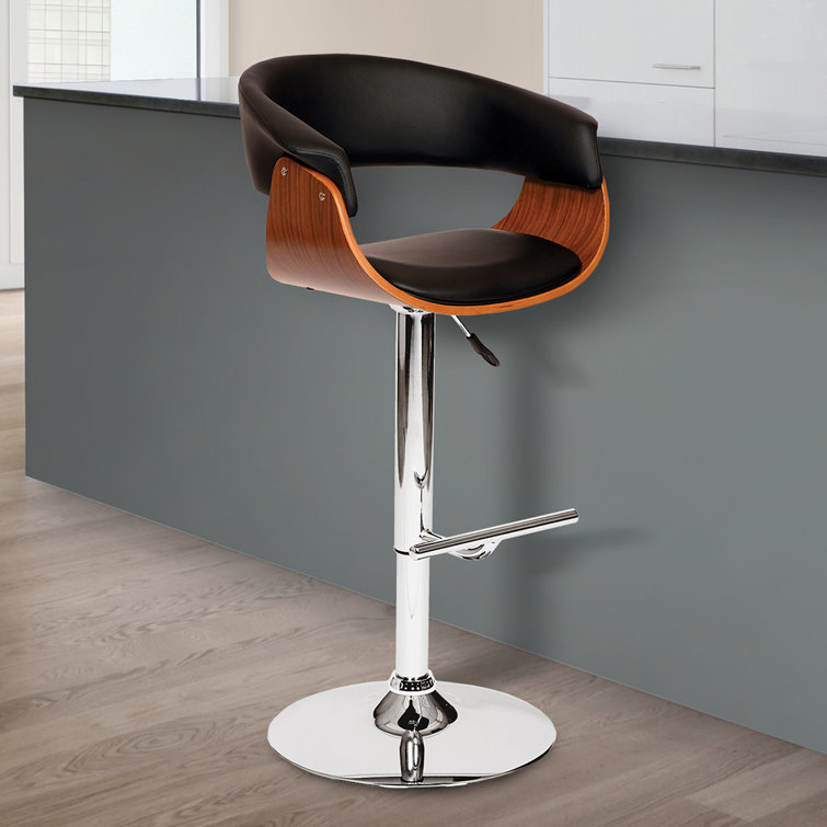 Allin Swivel Adjustable Height Bar Stool with Open Back in Faux Leather, Walnut Wood and Chrome