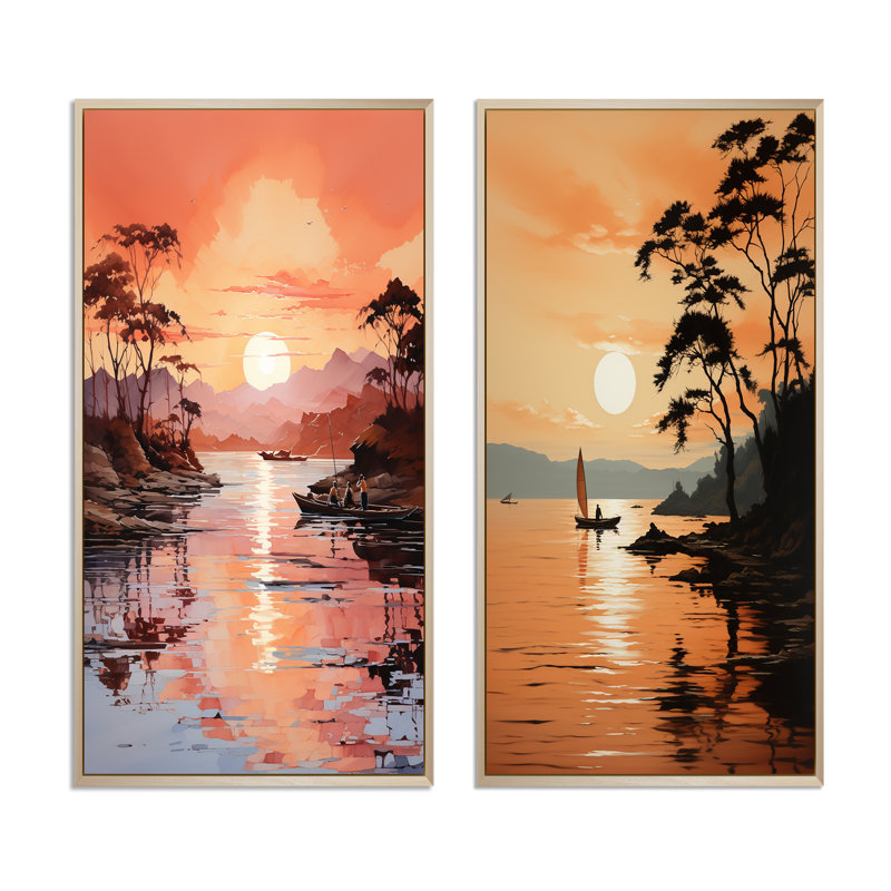 «Golden Sunrise Silhouetted I», 2 pièces, H 24 po x l 20 po, Encadrement brun