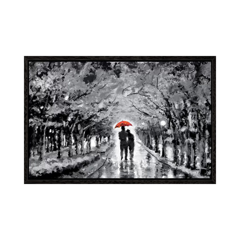 Park In Love Red Umbrella by P.D. Moreno - Painting on Canvas, Black Floater Framed, 45.72cm H x 66.04cm W x 3.81cm D