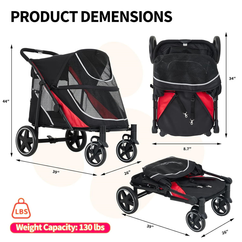Poussette robuste pour chiens de très grande taille, jogger pliable pour animaux en une seconde avec roues tout-terrain de 11 po, amortisseur de chocs, lit amovible et panier de rangement
