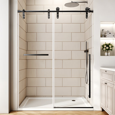 Porte de douche coulissante simple sans cadre de 44 à 48 po x H 76 po avec verre de 5/16 po (8 mm) avec film antidéflagrant, poignée en acier inoxydable noir
