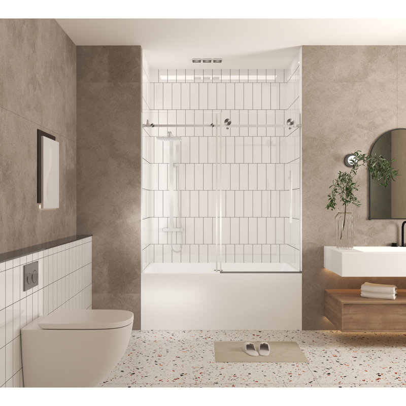 Frameless Shower Door with Clear Tempered Glass and Stainless Handle, Matte Black