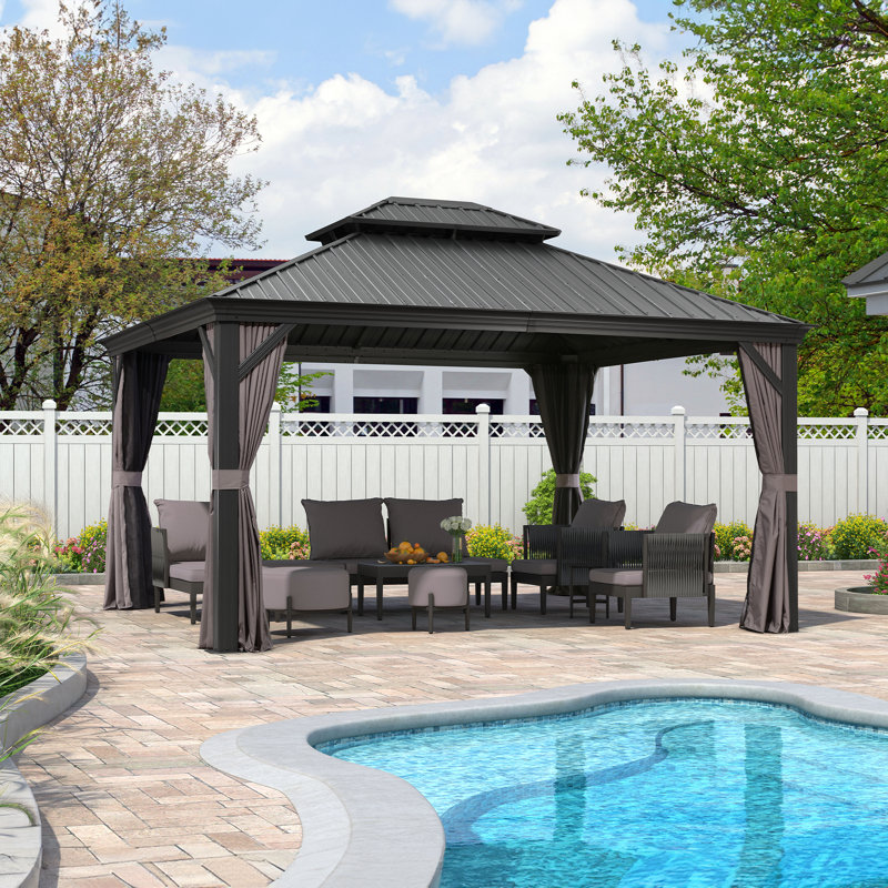 Pavillon de jardin permanent en aluminium 12 pi x 14 pi avec toit double en acier galvanisé pour terrasse et jardin, rideaux et filet inclus, gris