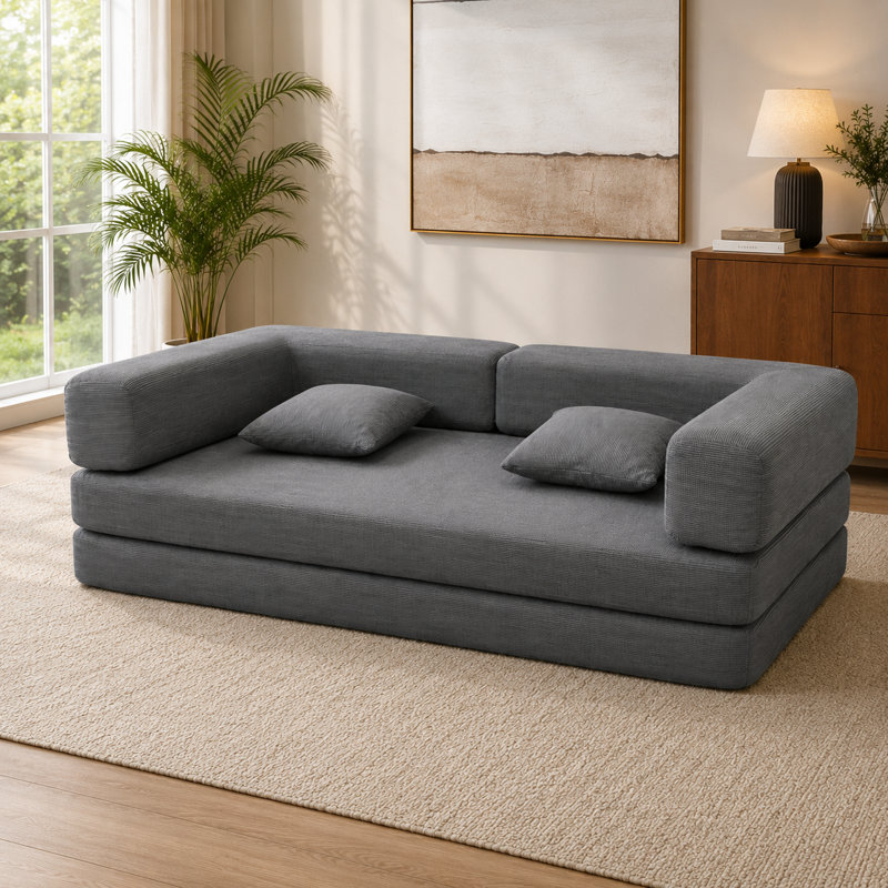Canapé à deux places, canapé-lit à double usage pliable, canapé polyvalent compressible, canapé de salon à cadre large, canapé moelleux en éponge pure, canapé en velours gris à rayures fines