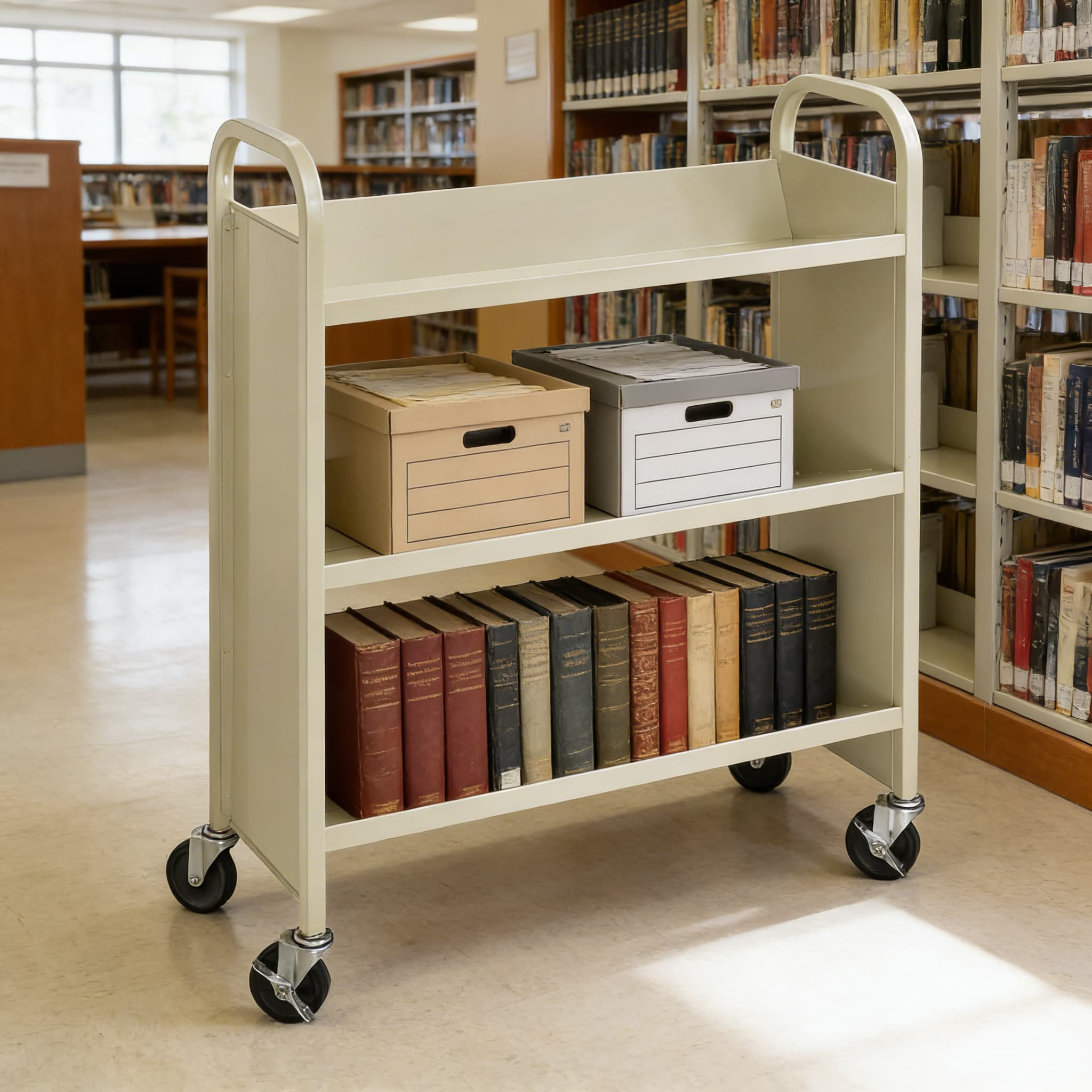 VIRBEIHUO Heavy-Duty Rolling Book Cart With Slanted Shelves, Mobile