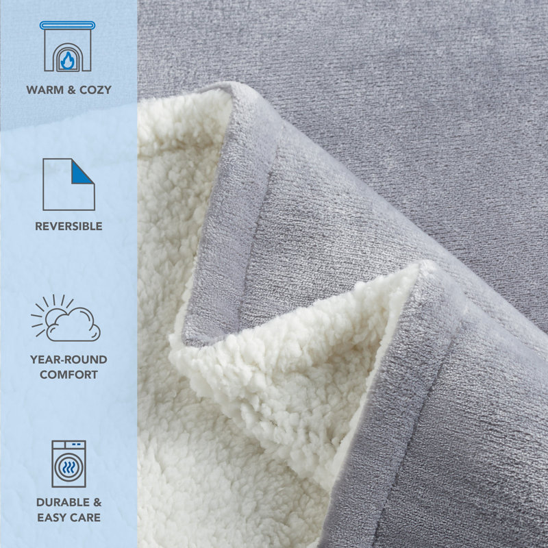 Gray Reversible Plush and Sherpa Throw Blanket, 50" x 60"