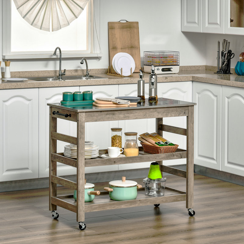 Rolling Kitchen Cart with Stainless Steel Countertop, 1 Bottom Shelf, 1 Slotted Middle Shelf and 4 Castor Wheels