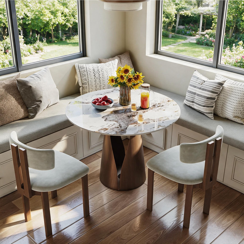 Nagela Modern Glossy Sintered Stone Round Dining Table Bistro Table Breakfast Nook Table For 2/4, 29.53"H x 35.43"L x 35.43"W