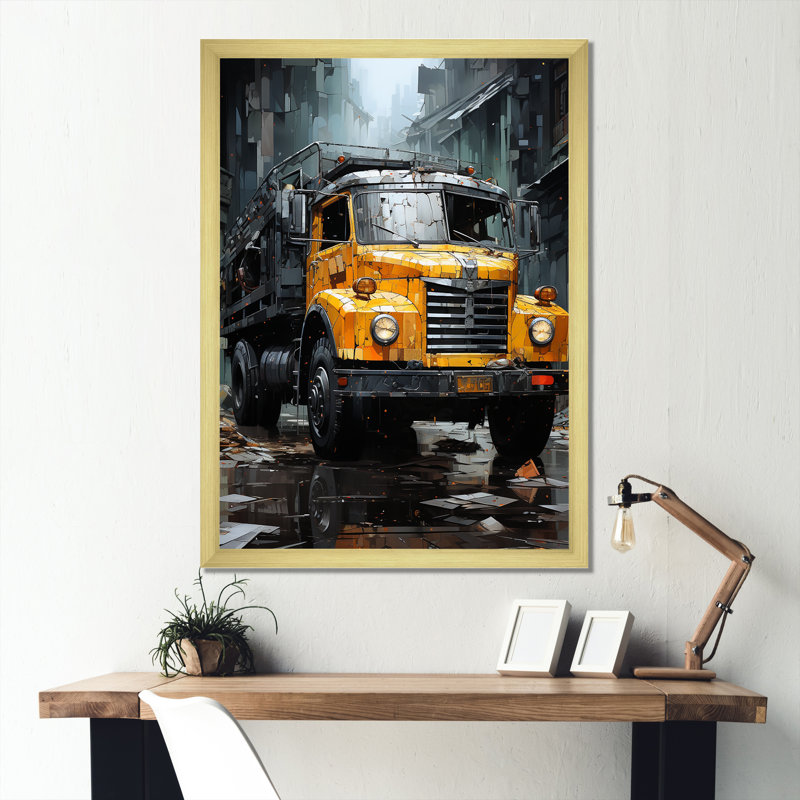 Vieux camion à ordures noir I sur toile, Cadre doré simple, H 32 po x l 16 po x P 1 po