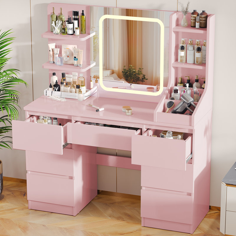 Rosse Dressing Table With 3 Colorful Light Mirror 7 Drawers and 7 Storage Shelves Makeup Desk 110cm Desktop Vanity Table