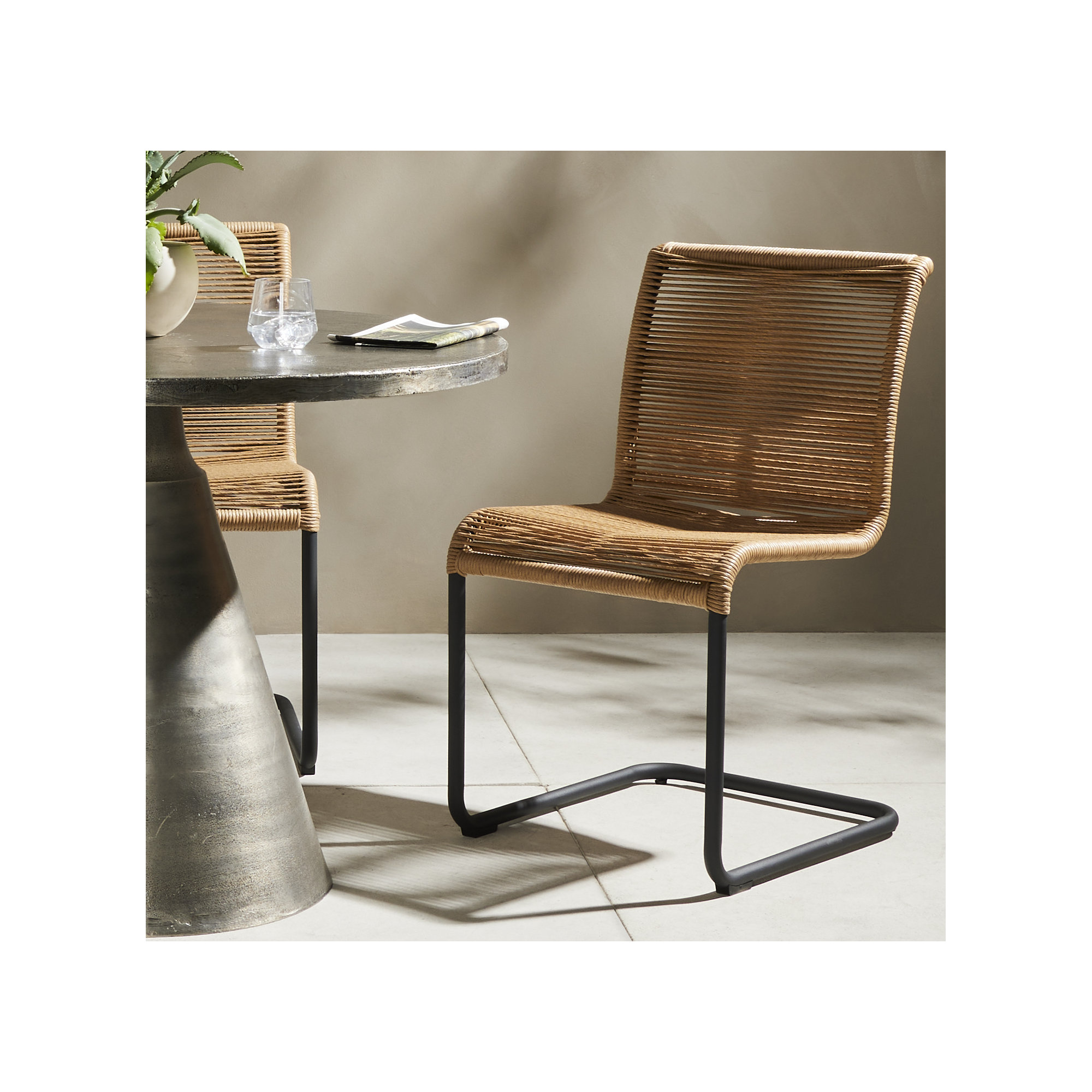 Janine Wicker Premium All-Weather Wicker Outdoor Dining Side Chair, Vintage Natural, Black