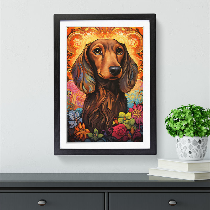 Dachshund Nouveau - Single Picture Frame Print on Wood, Black Framed, 46cm H x 34cm W x 2cm D