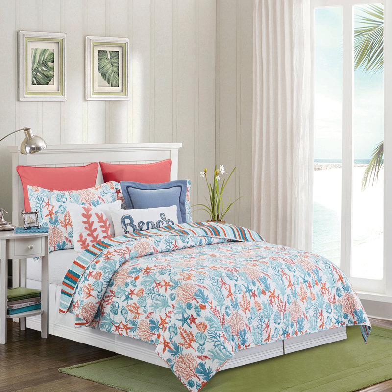 Ensemble de courtepointe réversible en coton Tangerine Coast, Courtepointe grand + 2 taies décoratives standard