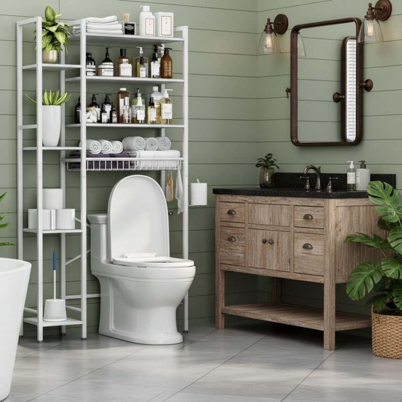 Pure White 8-Layer Toilet Storage Rack, With Side Shelf + Adjustable Shelf + Drain Basket, Independent Storage, Suitable For Multiple Scenarios.