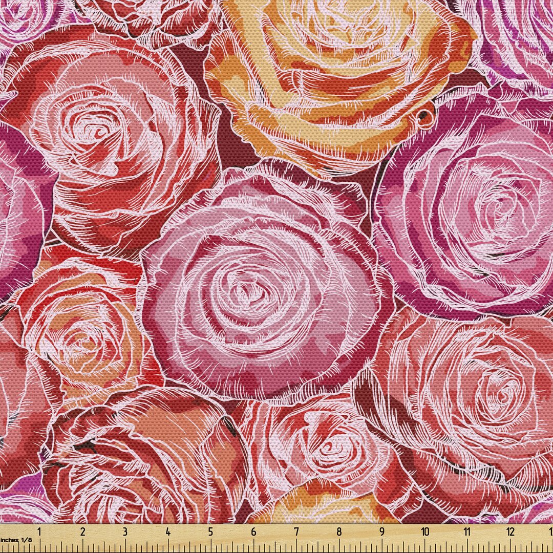 Gewebe als Meterware, Romantische rosa Rosen-Grafik, Blumen, Himbeere und Mehrfarbig