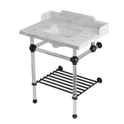 Kingston Brass Pemberton 30-Inch Carrara Marble Console Sink with Acrylic Legs and Shelf (8-Inch, 3-Hole)