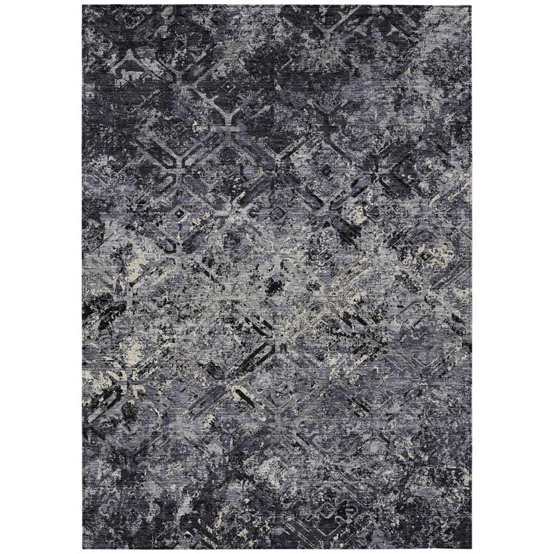 Tapis extérieur lavable à motif géométrique 3 pi x 5 pi noir et argent