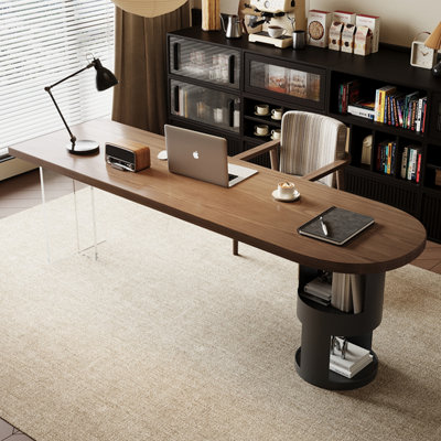 Nut-brown+Black Semi-Circle Solid Wood+Iron desk